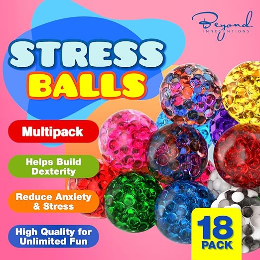 Stress Balls Set - 18 Pack - Stress Balls Fidget Toys For Kids and Adults - Sensory Ball, Squishy Balls With Colorful Water Beads,Anxiety Relief Calming Tool