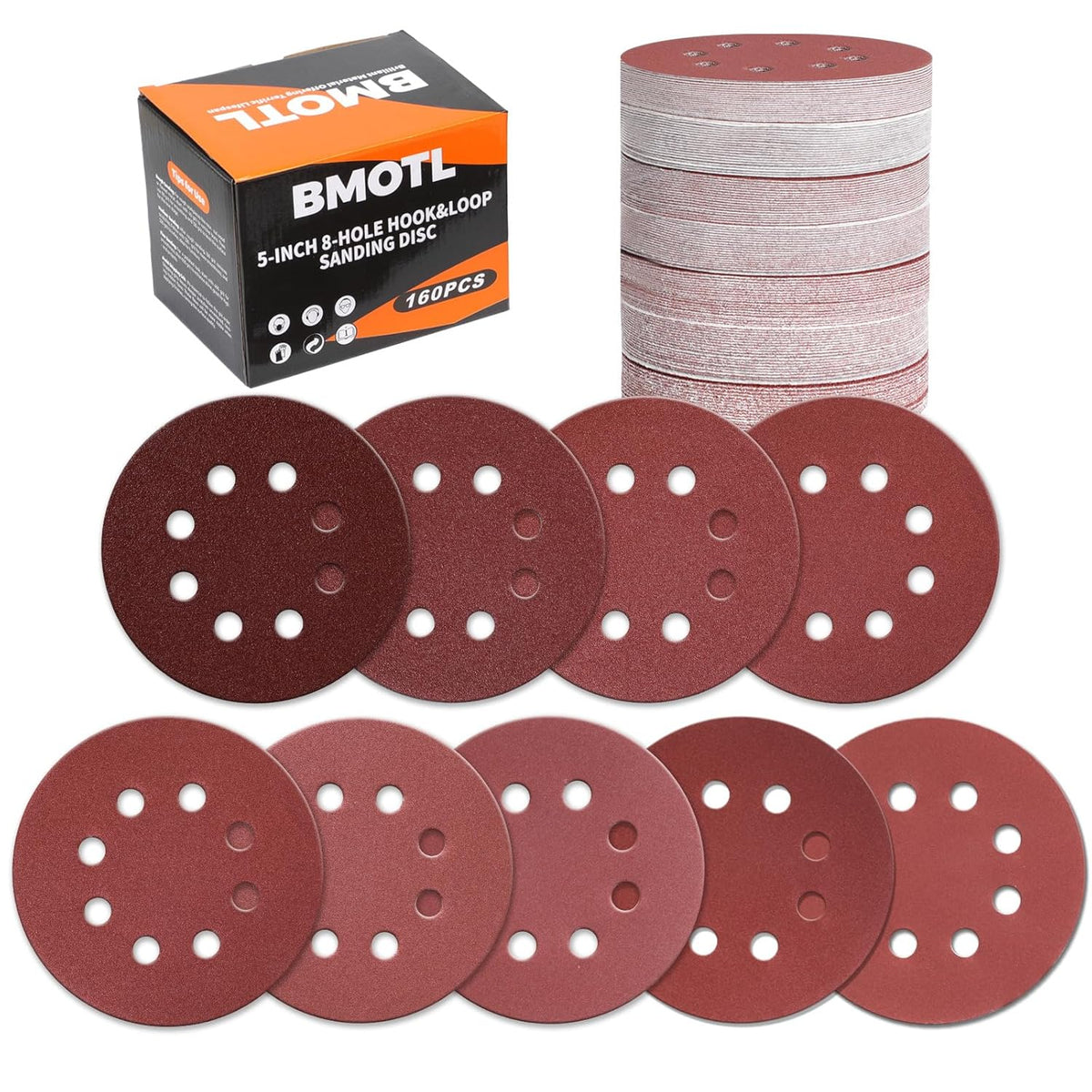 Pack 160 Discos de Lijado BMOTL 5" 8 Orificios Velcro – Surtido Grano 40/60/80/120/150/220/320/400/600 | Para Madera, Metal y Paneles de Yeso | Lijadora Orbital
