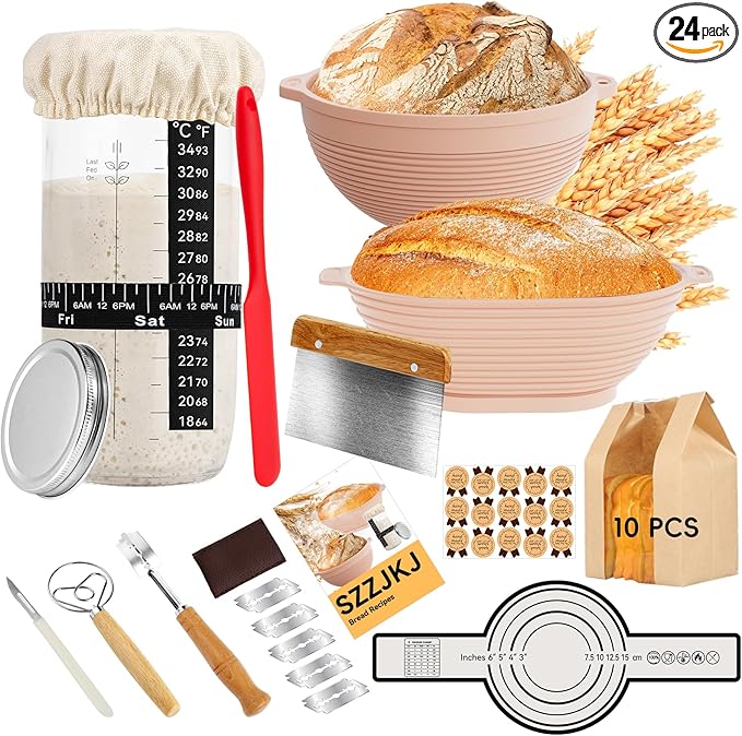 Kit de inicio para masa madre SZZJKJ, suministros para hornear pan de masa madre de 24 piezas, juego de 2 cestas de fermentación de pan de silicona Banneton, kit de inicio para masa madre
