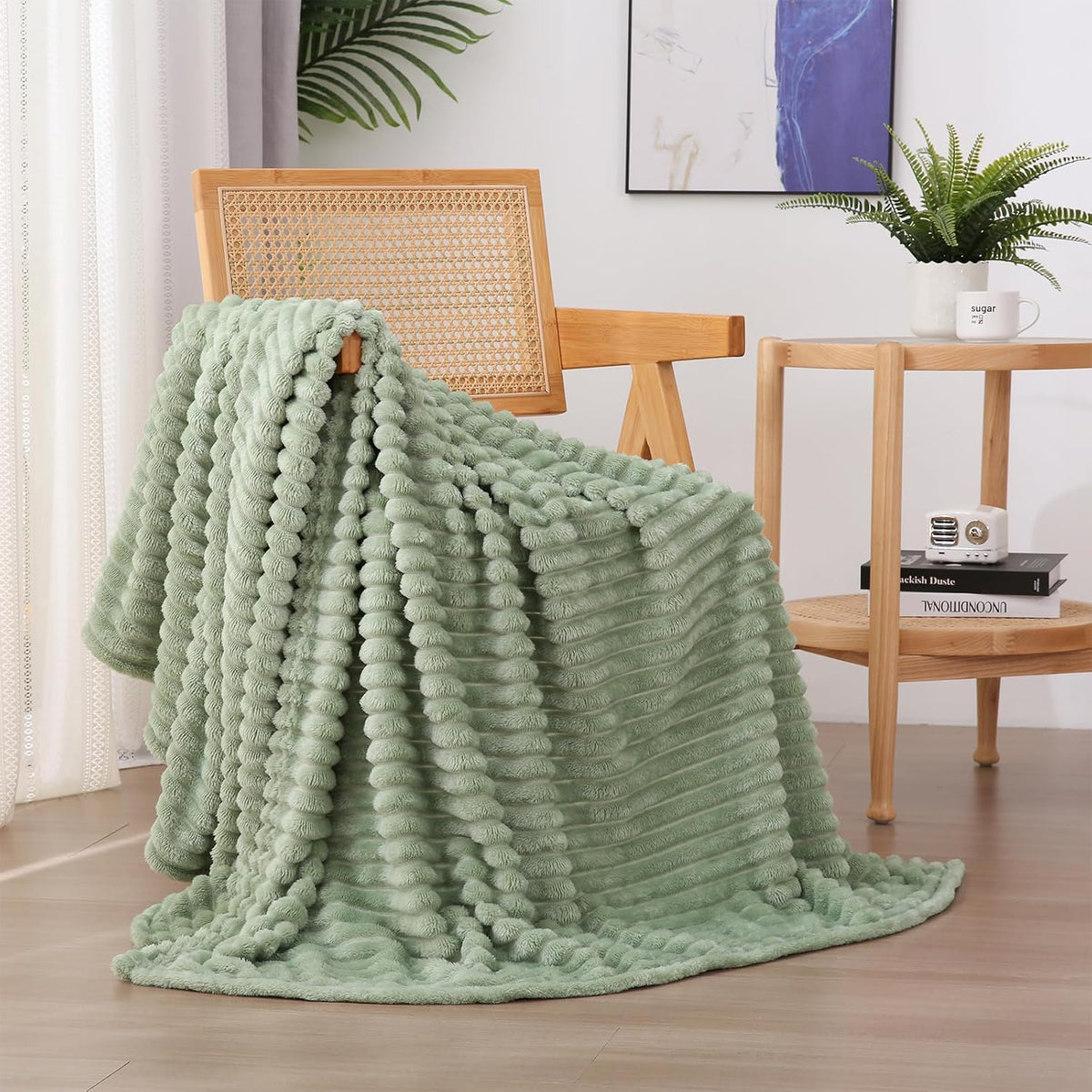 Manta polar Linecooo color verde salvia de 50" x 60" para sofá, cama o sillón, manta de franela de microfibra súper suave y acogedora con diseño de rayas, ligera para adultos, mujeres y niñas.