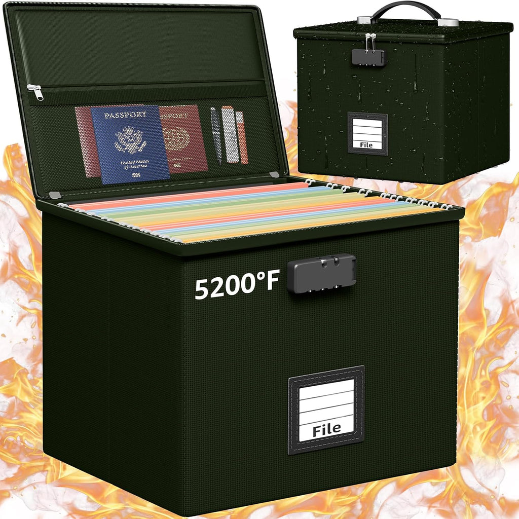 Caja archivadora ignífuga verde militar para documentos - Caja organizadora de documentos portátil e ignífuga con asa, impermeable, segura, con cierre y tapa.