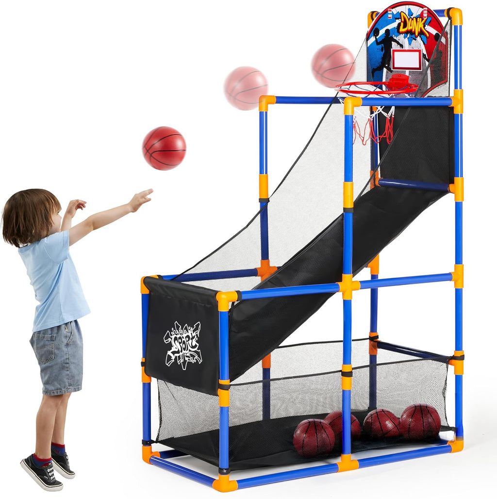Juego de baloncesto arcade JOYIN con 4 pelotas y aro para niños de 3 años en adelante. Ideal para jugar en interiores y exteriores. Fácil de montar. Bomba de aire incluida. Perfecto para competiciones.