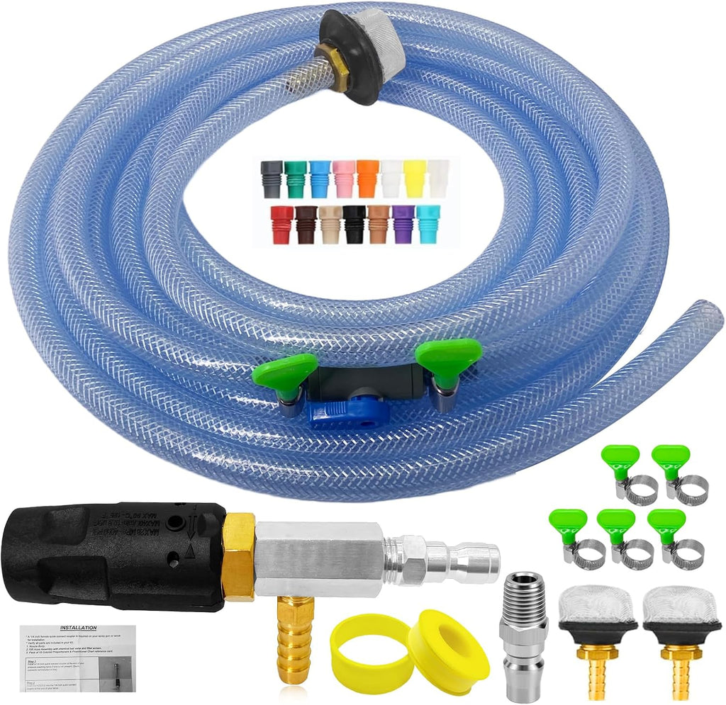 USADO-Boquilla ajustable de largo alcance para hidrolavadora, kit de boquilla de pulverización de inyección descendente de 2 a 2,5 GPM, inyector químico externo con conexión rápida de 1/4", manguera de 15 pies, válvula de cierre y filtro, 2000 a 3000 PSI.