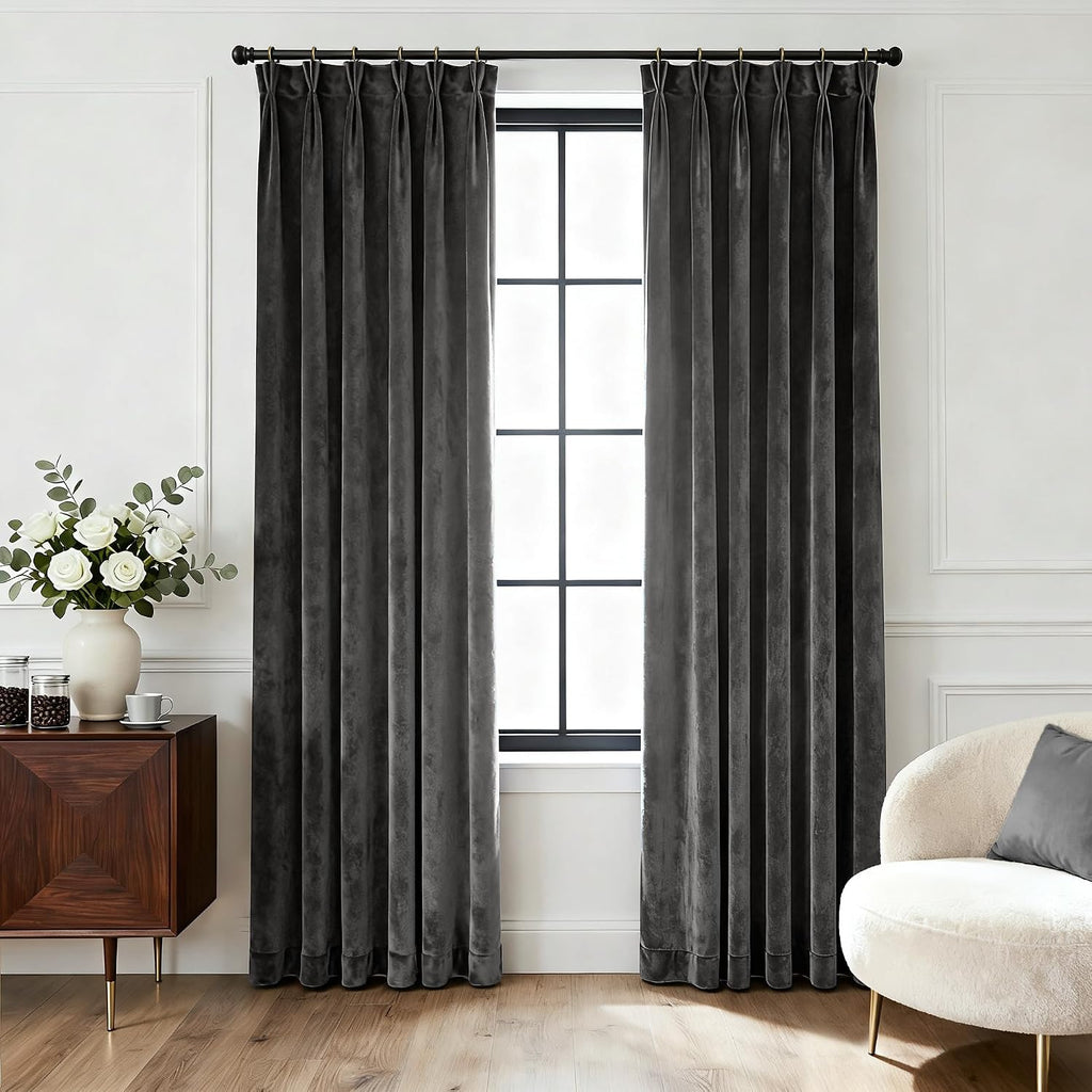 Cortinas de Terciopelo Jolilight Gris Oscuro | Pinch Pleat Elegante | Felpa de Lujo | Bloqueo de Luz | 40x96