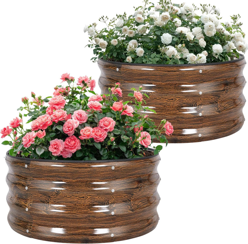 Huerto Elevado Galvanizado Permade Pack 2 – Jardineras Metálicas Redondas 36" Acero, Imitación Madera, con Aro para Fogata y Cinta Protectora