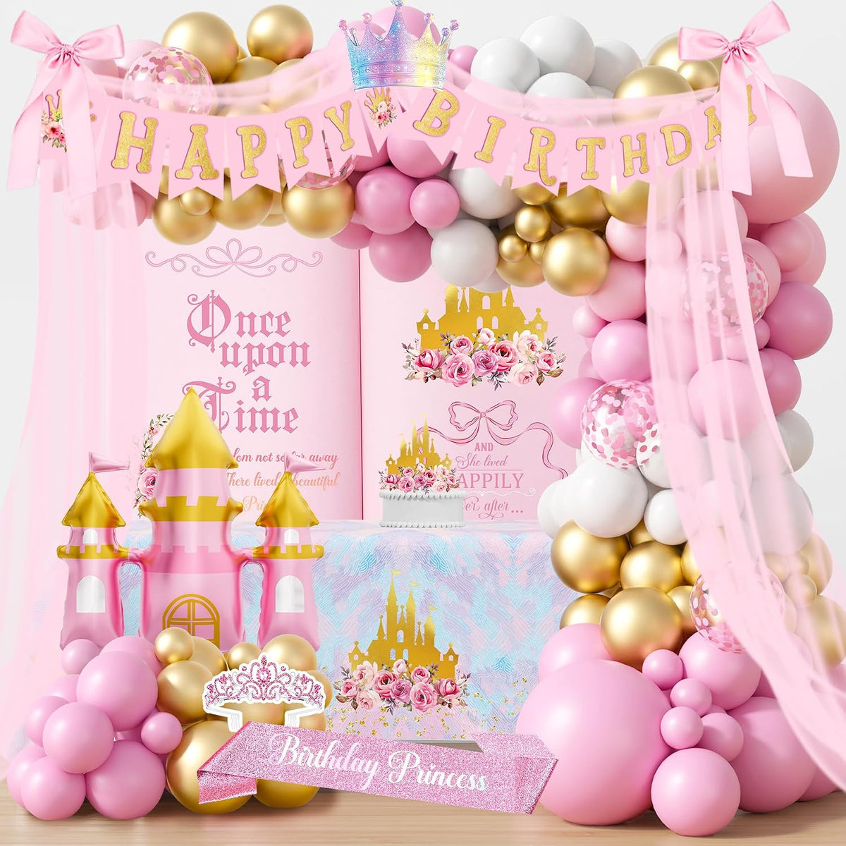 NO INCLUYE LOS GLOBOS-Decoraciones de Fiesta de Cumpleanos de Princesa | Suministros de Cumpleanos Rosa de Princesa | Castillo Floral Pastel | Articulos de Fiesta Tematica