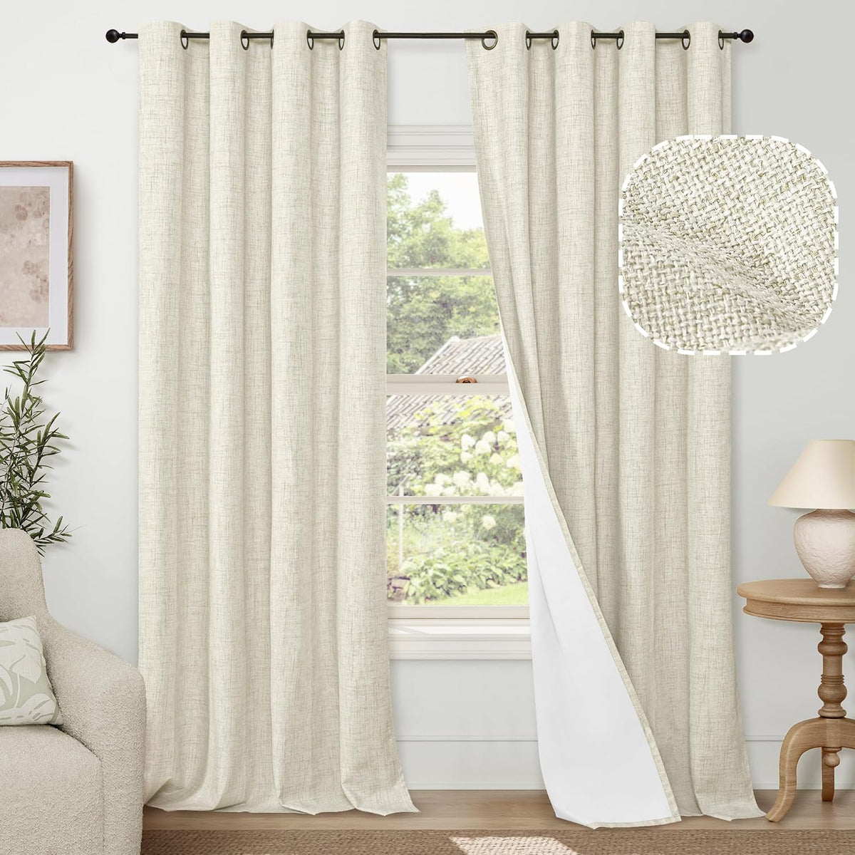 Cortinas opacas Lajode para dormitorio - Cortinas opacas de lino de 213 cm de largo, con aislamiento térmico, de arpillera y ojales, ideales para oscurecer la sala de estar estilo casa de campo. Incluye 2 paneles de 132 cm de ancho cada uno, color crema