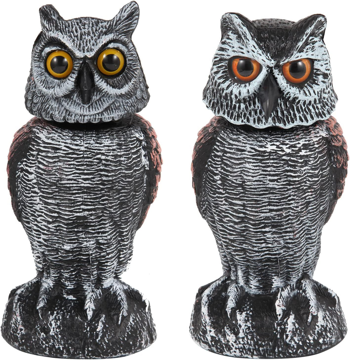 Hedoc Pack de 2 Buhos Falsos Espanta Pajaros | Cabeza Giratoria, Ahuyentador de Aves, Espantapajaros de Plastico, Repelente de Plagas para Jardin y Patio
