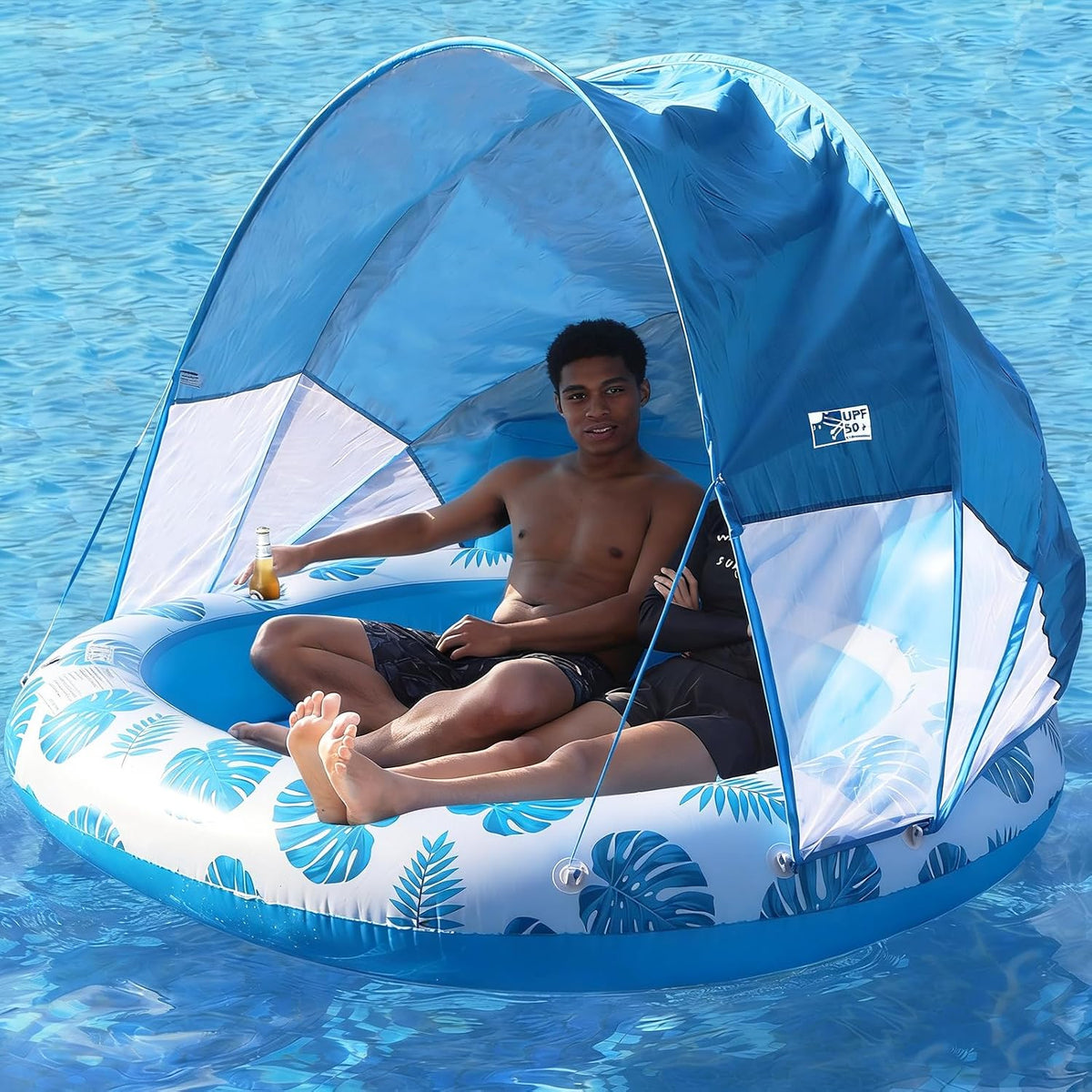 Flotador inflable para piscina COOLCOOLDEE con toldo, isla flotante para 2 personas, extragrande con parasol, azul