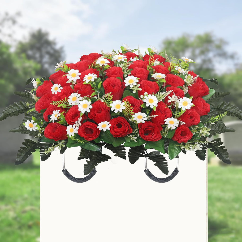 Arreglo Floral Artificial Lodou para Lápida | Rosas Conmemorativas para Tumbas | Decoración para Memorial Day, Navidad y San Valentín | Rojo