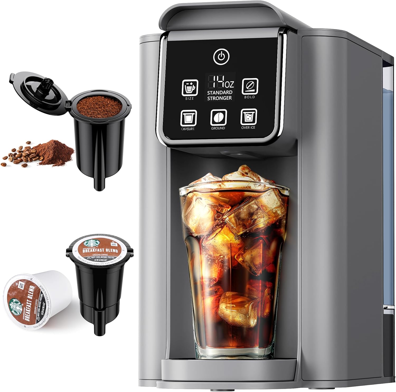 Cafetera Individual para Café Caliente y Frío con Ajuste Intenso – Compatible con K-Cup y Café Molido