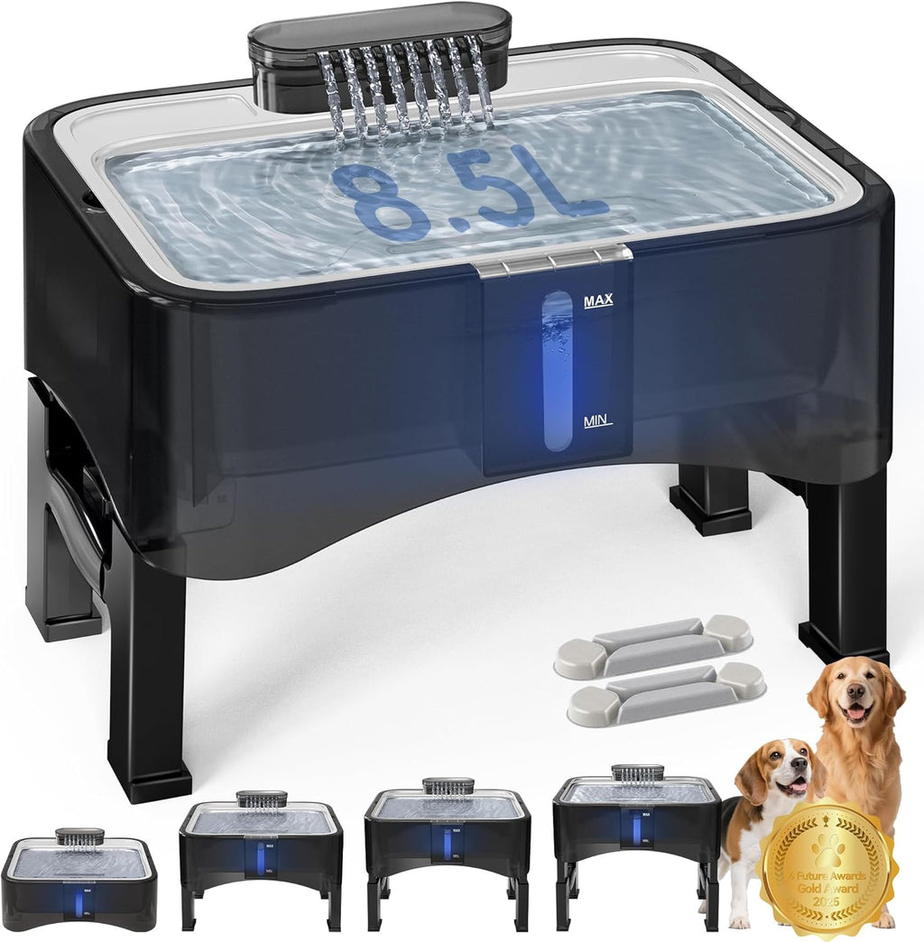 Fuente de Agua Elevada UPSKY para Perros 8.5L | 4 Alturas Ajustables | Para Todo Tamaño de Perro | Bandeja Acero Inoxidable 304 | Bomba Silenciosa y 2 Filtros