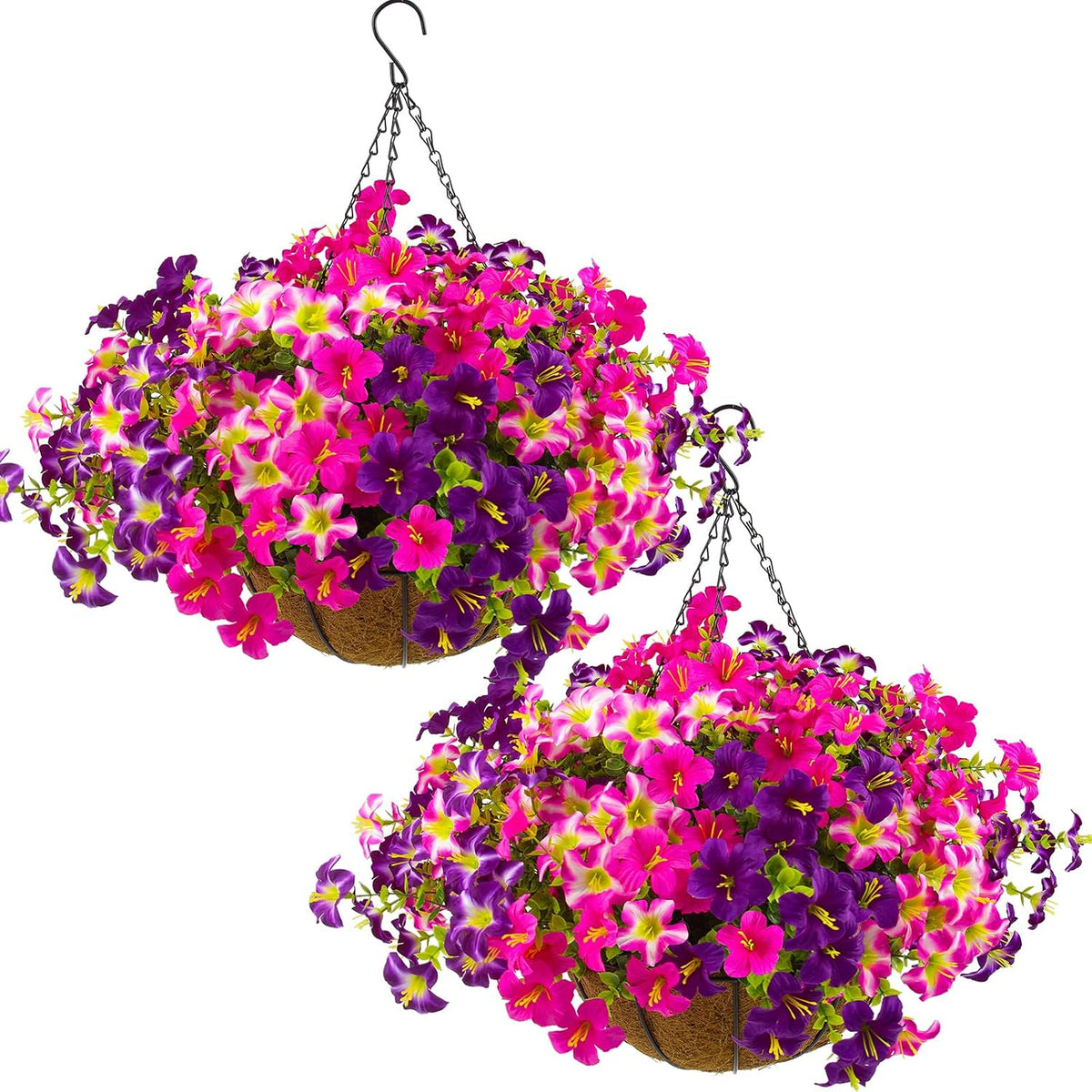 Juego de 2 petunias artificiales para exteriores con cestas colgantes, 24 petunias artificiales resistentes a los rayos UV con maceta colgante para la puerta principal, porche y decoración exterior de primavera (2 colores: rosa, rojo y violeta).