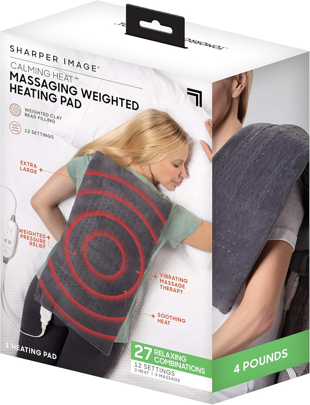 Almohadilla térmica con peso, vibraciones y masajes relajantes de Sharper Image | Apagado automático, ideal para fiestas, para hombres y mujeres | 3 puntos de calor, 9 puntos de masaje, 30 x 60 cm, 1,8 kg 