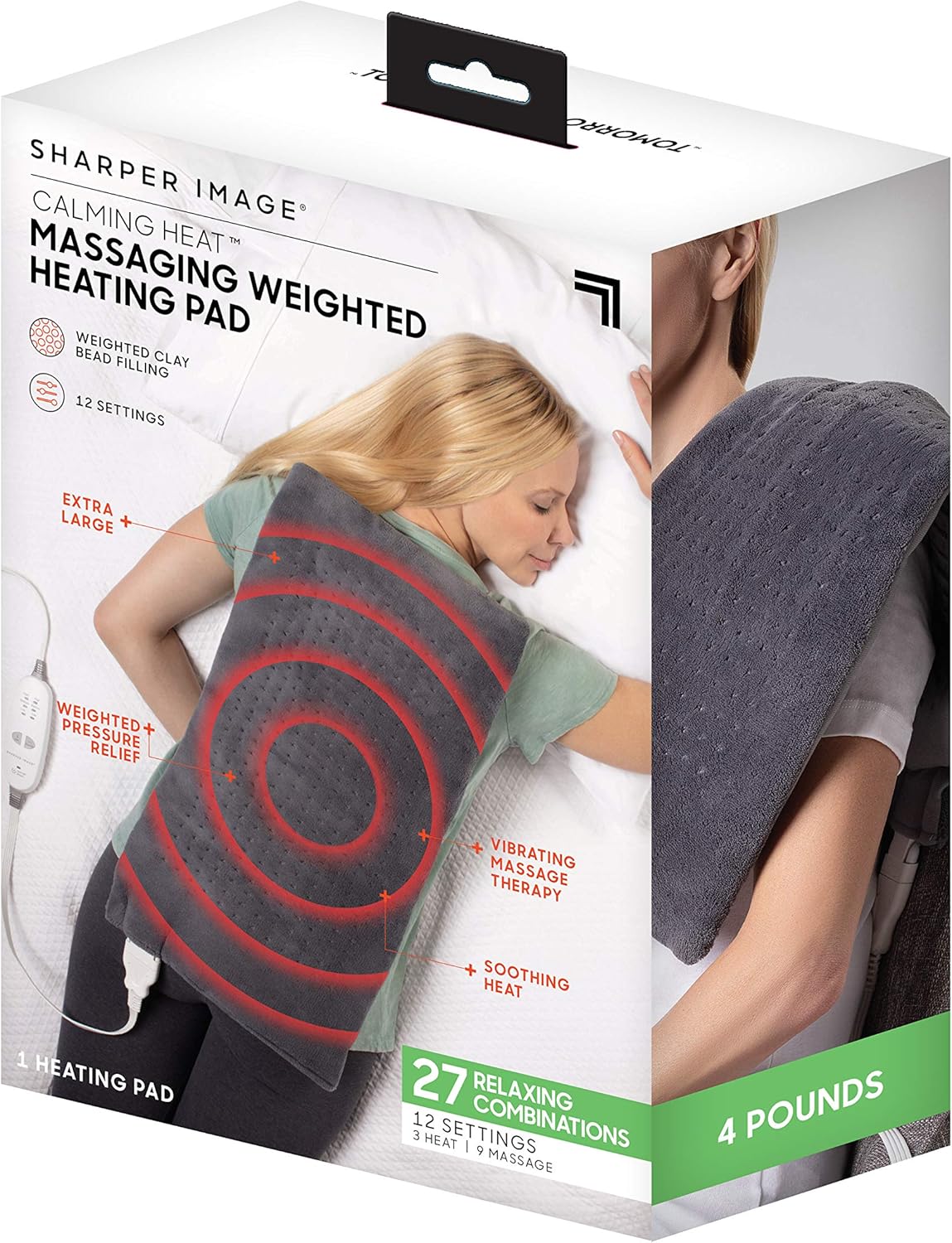 Almohadilla térmica con peso, vibraciones y masajes relajantes de Sharper Image | Apagado automático, ideal para fiestas, para hombres y mujeres | 3 puntos de calor, 9 puntos de masaje, 30 x 60 cm, 1,8 kg 