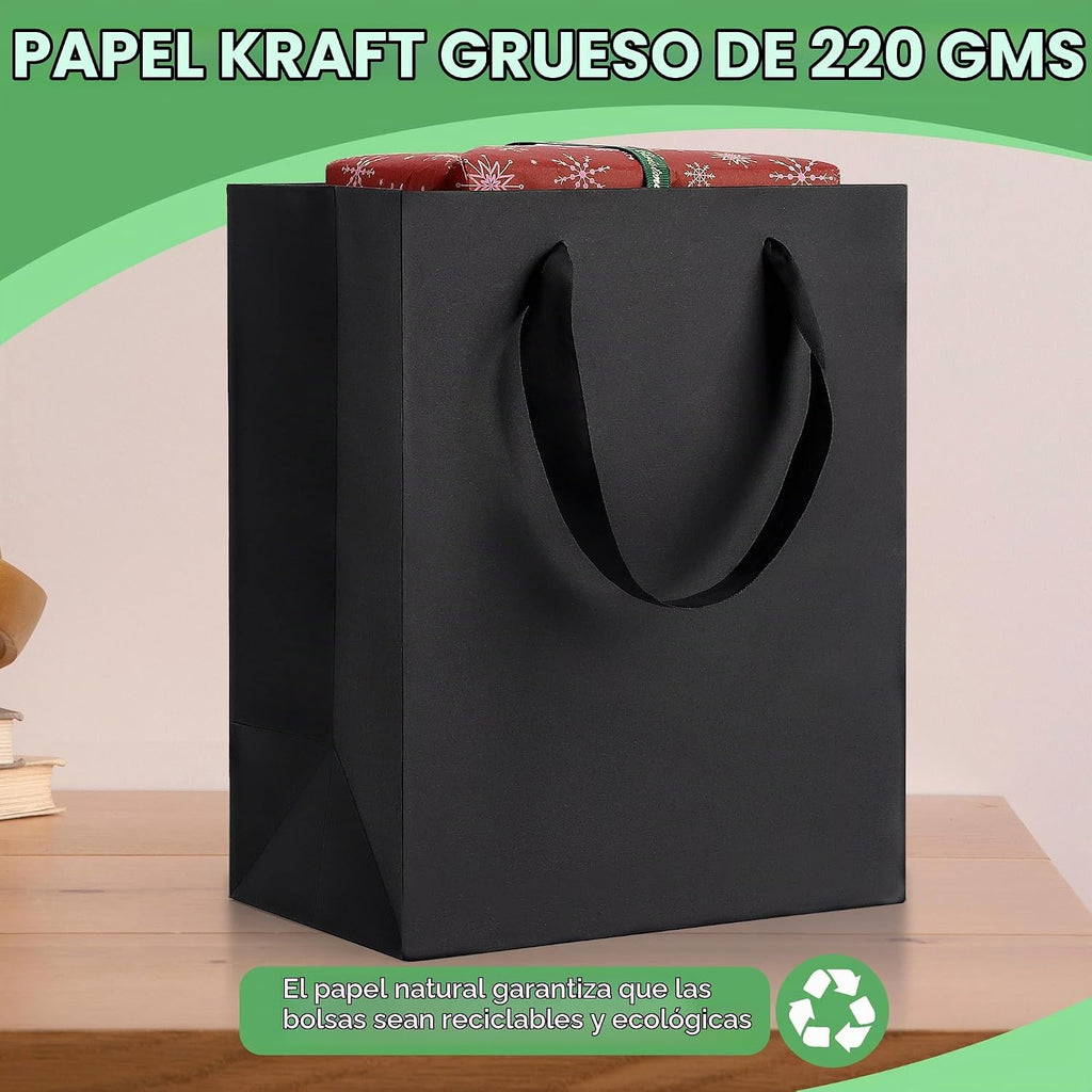 MOXARYSU Bolsas de regalo negras con asas: 8 x 5 x 10 pulgadas, 100 bolsas de papel negras a granel para fiestas, compras, cumpleaños, bodas (M, 100)