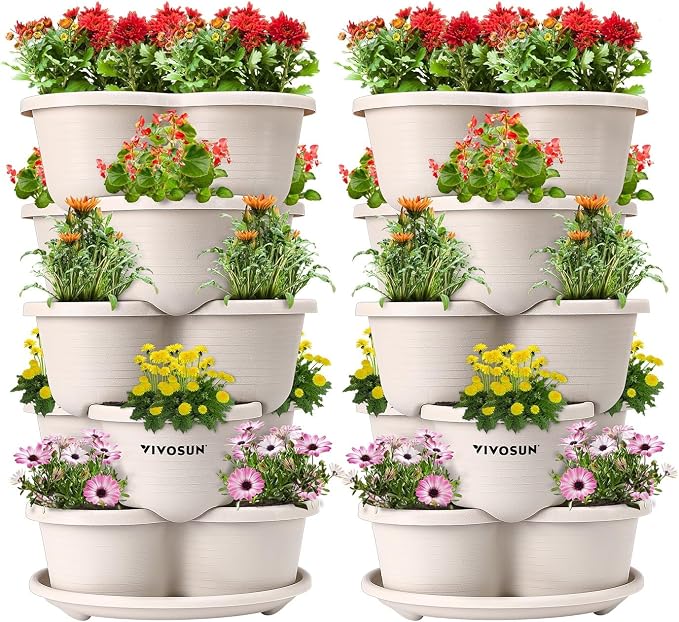 VIVOSUN Paquete de 2 macetas verticales apilables de 5 niveles para fresas, flores, hierbas, verduras, marfil