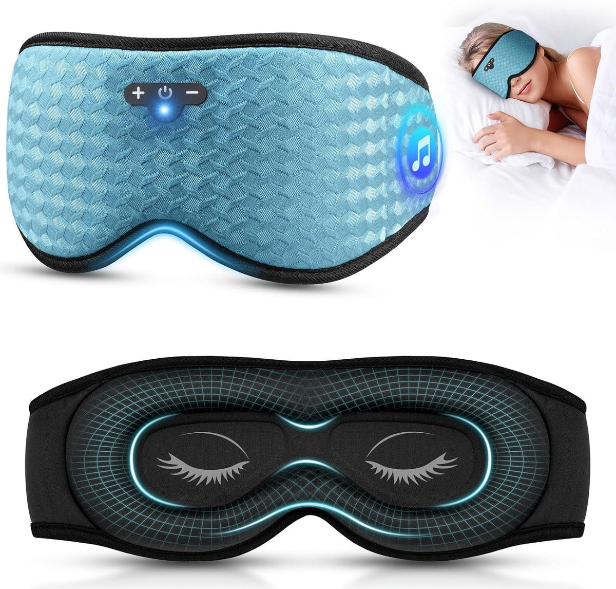 Antifaz 3D para Dormir con Auriculares Bluetooth, Auriculares para Dormir para Durmientes de Lado, Sin Presión en Ojos, Antifaz Ajustable, Altavoces Estéreo Ultrafinos, Azul Pavo Real