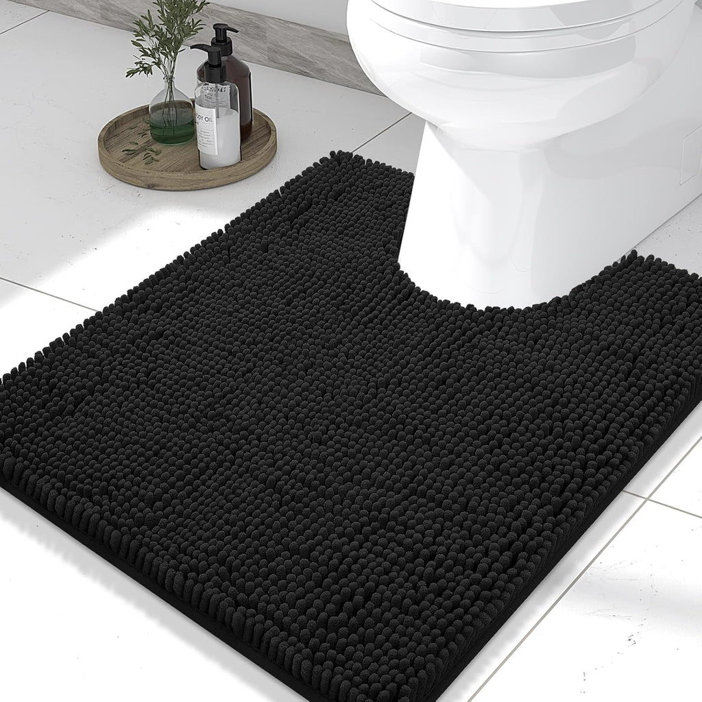 Tapete de Baño Smiry en U 24x20" | Chenille Ultra Suave, Antideslizante, Negro, Lavable a Máquina