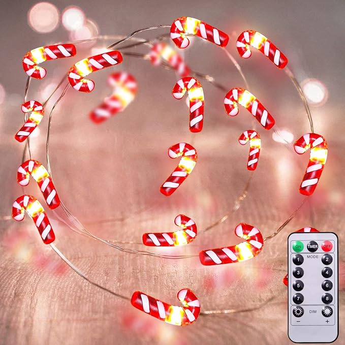 AMENON Guirnalda de 80 luces LED de bastón de caramelo de 26.2 pies, decoración de Navidad, funciona con pilas, luces de hadas con control remoto con temporizador, 8 modos, decoración de Navidad