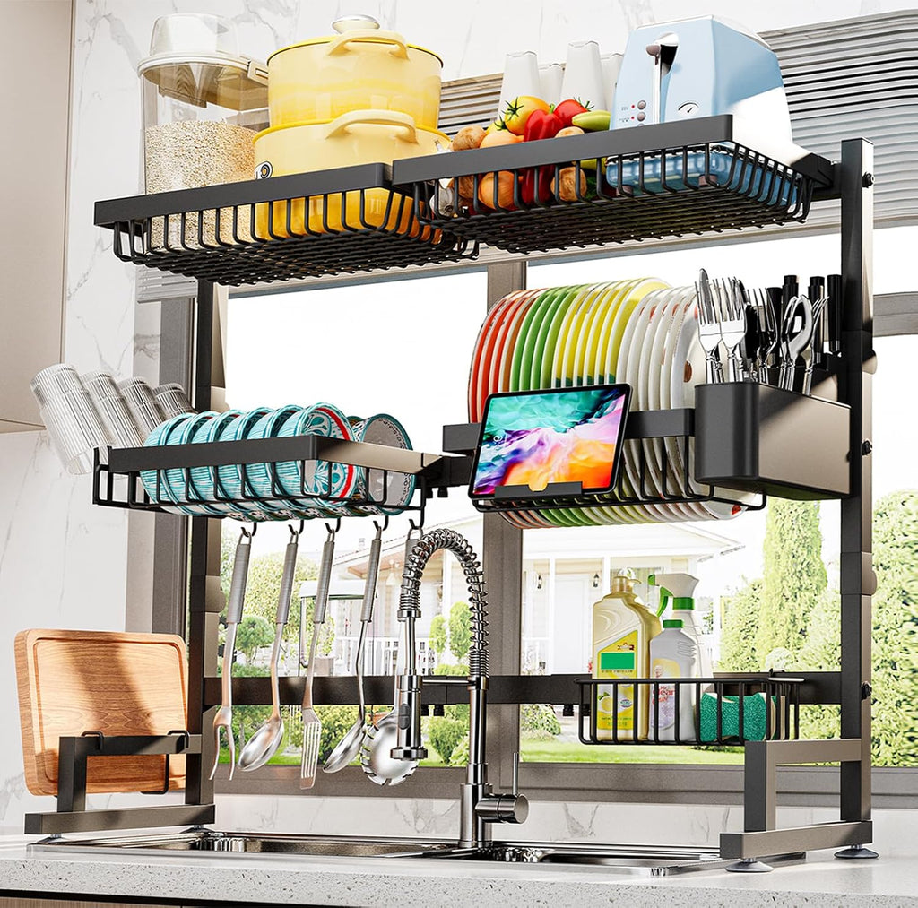 Escurridor de platos ADBIU para colocar sobre el fregadero (altura y longitud ajustables) Diseño de fácil montaje Escurridor de platos grande de 2 niveles (27-40L x 12W x 32.5-37H (pulgadas))