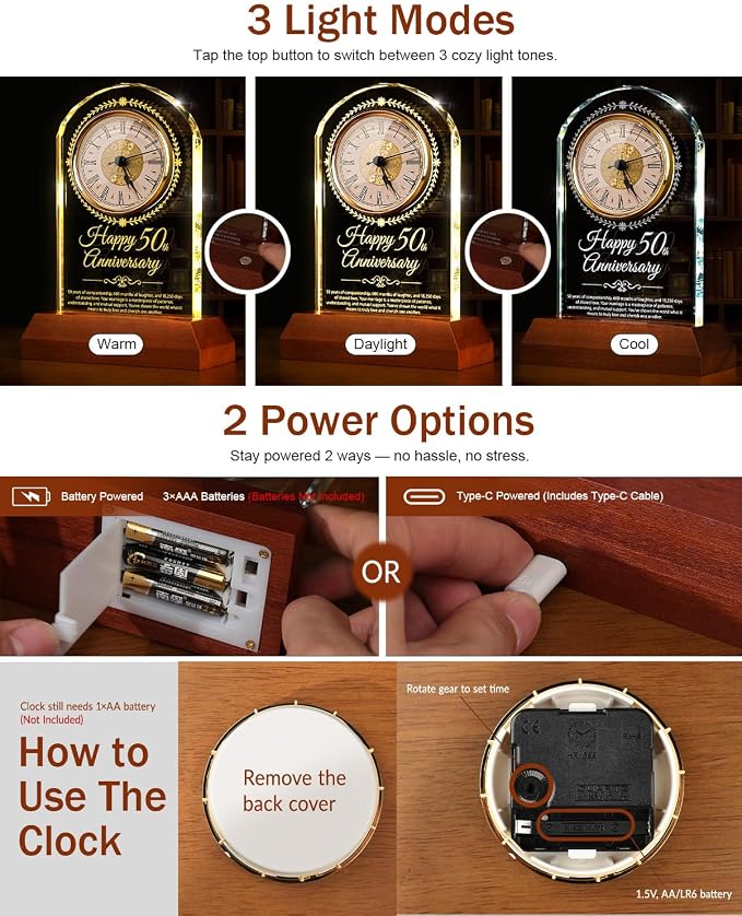 Reloj de cuarzo de cristal para aniversario de boda con base de luz de madera, regalo de 50 años de matrimonio, regalo de decoración de aniversario dorado, para padres, abuelos, pareja