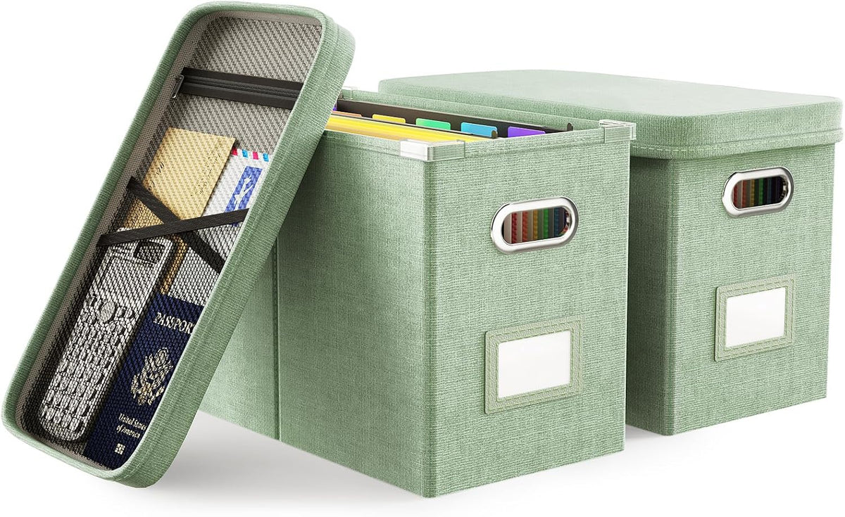 Caja Archivadora Colgante Oterri con Bolsillo de Malla | Organizador de Documentos con Tapa | Plegable para Tamaño Carta | 2 Piezas | Verde