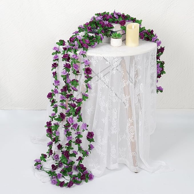 KHOYIME Paquete de 9 guirnaldas de flores artificiales de 21.9 metros, vides de rosas moradas falsas, flores de seda, hiedra floral colgante de plástico sintético para exteriores, guirnalda