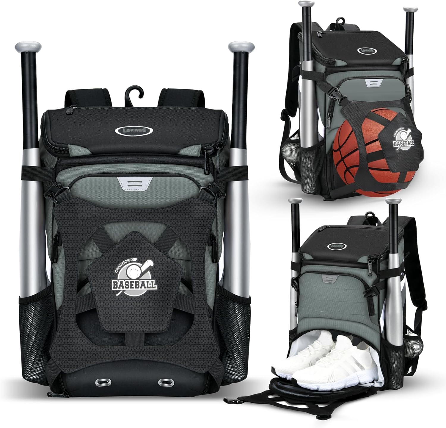 BAGNN Baseball Bag for Adult and Youth, Large Capacity Bat Bag Lightweight Softball Bag with 2 Air Hole Shoe Compartment and Fence Hook, Waterproof Baseball Backpack for Bat, Helmet, Gloves Dark Gray