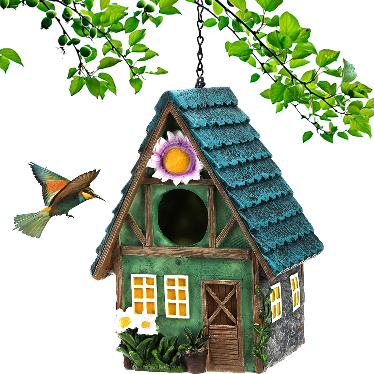 Casa para pájaros de jardín WUWEOT para exteriores, nido colgante para pájaros en liquidación, casitas para pájaros decorativas y coloridas de resina para exteriores, interiores, jardín y patio trasero, regalo para amantes de las aves.