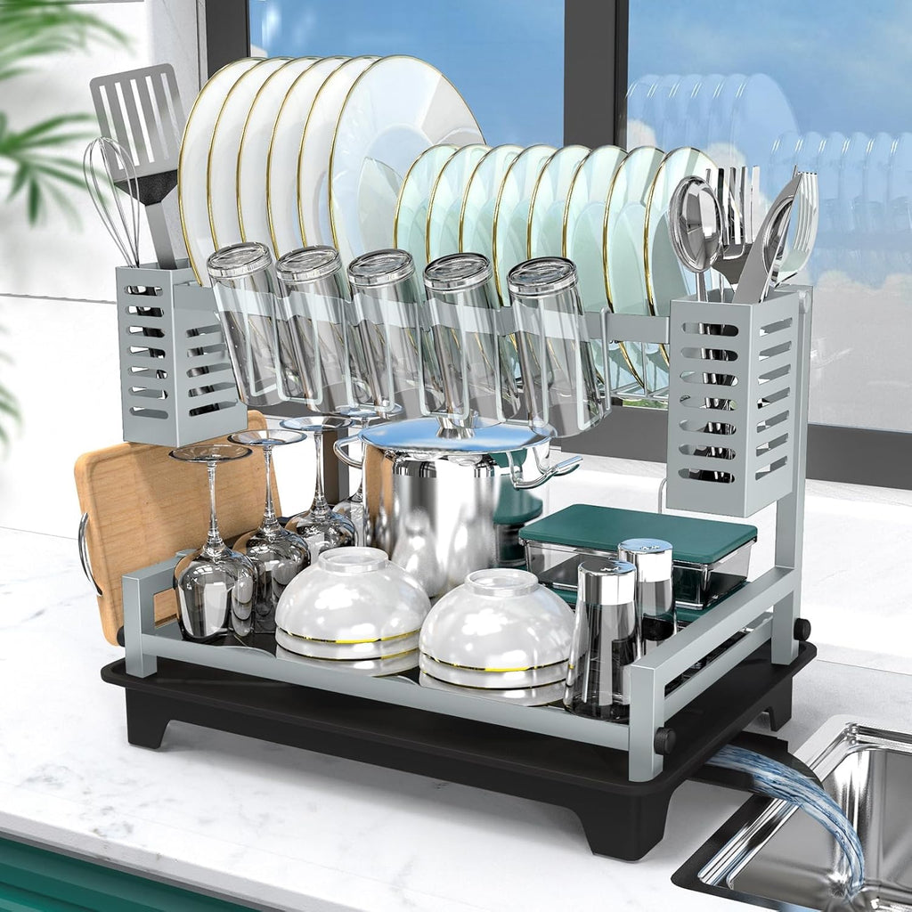 Escurridor de Platos B-Land 2 Niveles Mostrador Cocina Grandes Bandeja Drenaje Soportes Utensilios Resistente Óxido Organización Cocina
