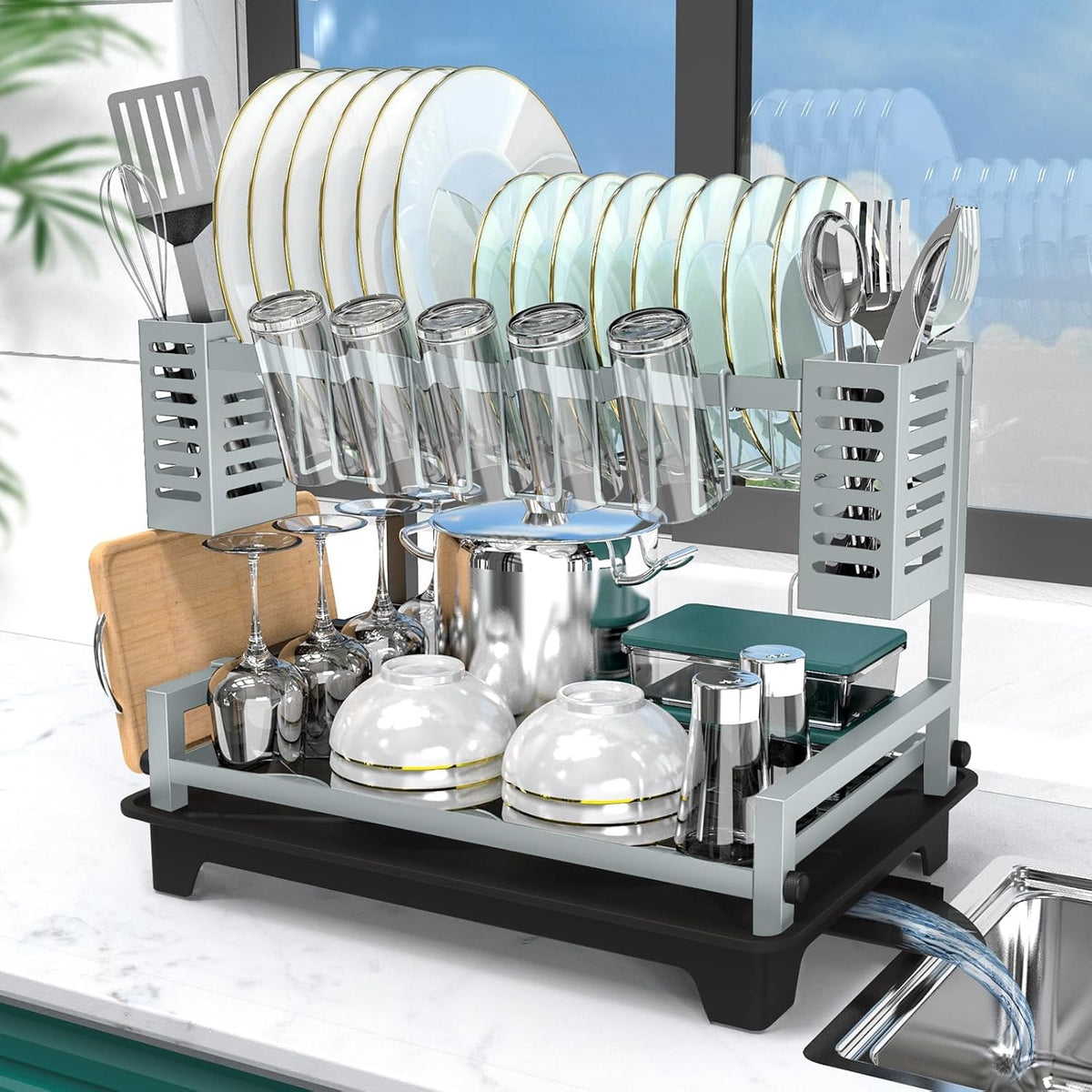 Escurridor de Platos B-Land 2 Niveles Mostrador Cocina Grandes Bandeja Drenaje Soportes Utensilios Resistente Óxido Organización Cocina
