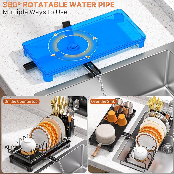 masadi Escurridor de platos pequeño – Escurridor de platos extensible sobre fregaderos con bandeja de secado, escurridor de platos para encimera de cocina con soporte ajustable para cubiertos, ahorro de espacio para cocinas pequeñas, color negro