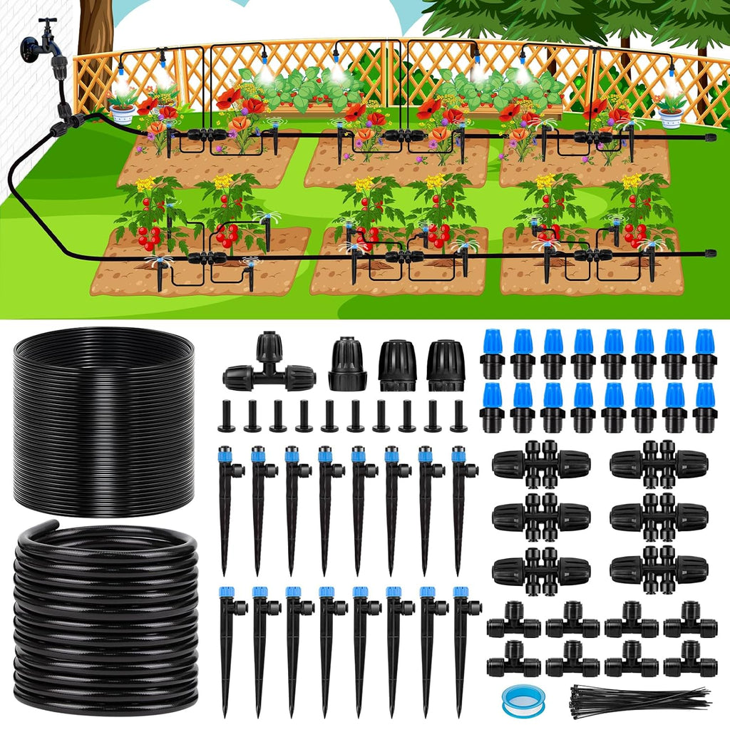 Kit de Riego por Goteo Kafuzi 70 Metros de Conexion Rapida | Sistema Automatico de Nebulizacion | Para Invernadero, Patio y Cesped | Manguera 1/2 pulg y Tubo 1/4 pulg