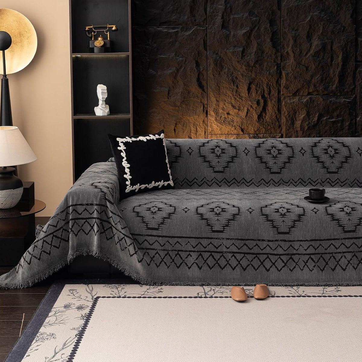 Funda para sofá VClife, funda bohemia tribal lavable, protector de sofá antideslizante, color gris oscuro, para sofá de 2 cojines, funda gruesa de chenilla suave de 71" x 118".