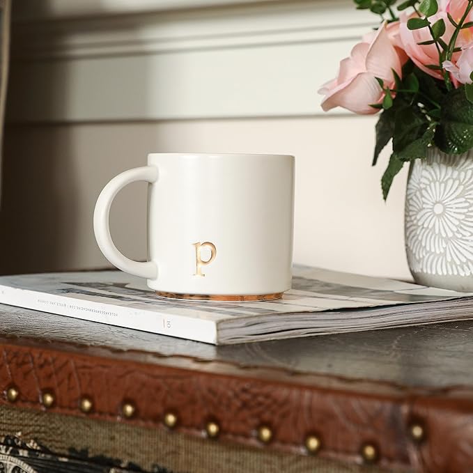 Taza de Cerámica con Monograma Dorado 15oz | Inicial en Oro | Caja de Regalo Incluida | Lujo