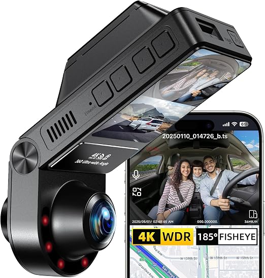 Cámara de Auto GT820 4K 2 Canales 360° – Gran Angular 160°+185°, Visión Nocturna IR, WiFi, GPS, G-Sensor y 64GB