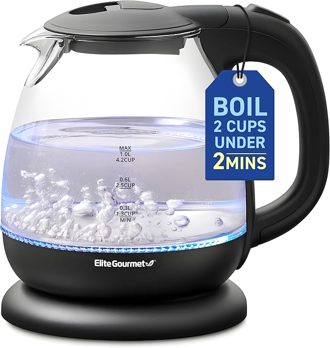 Pava eléctrica de Elite Gourmet EKT1001, de 1,0 L, sin BPA, de 1100 W, de cristal, inalámbrica, base de 360°, elegante interior con luz LED azul, práctica función