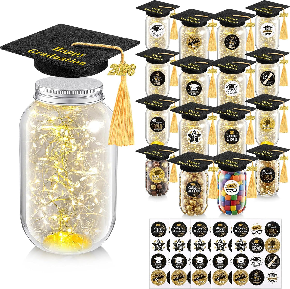 Mimorou 16 Set de Recuerdos para Fiesta de Graduación 2026 Frascos de Dulces con Gorro de Graduación Centros de Mesa en Frascos Mason Regalos DIY a Granel para Invitados Clase de 2026 Fiesta de Graduación (Negro)