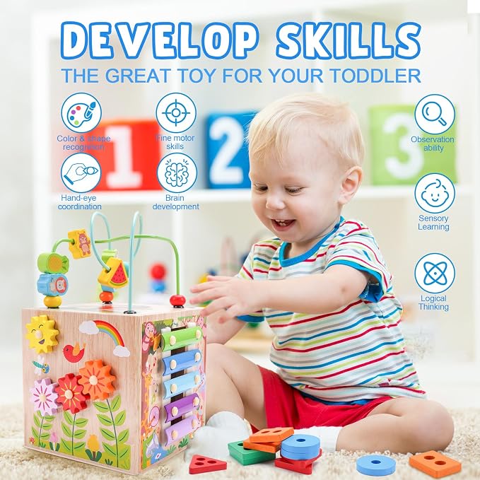 Cubo de Actividades de Madera Montessori Rosa — Juguete Educativo para Bebés y Niños de 1 a 3 Años