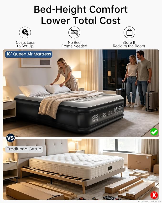 Colchón de Aire Queen OhGeni con Bomba Incorporada - 46cm de Altura, Inflable Elevado Portátil para Casa y Camping