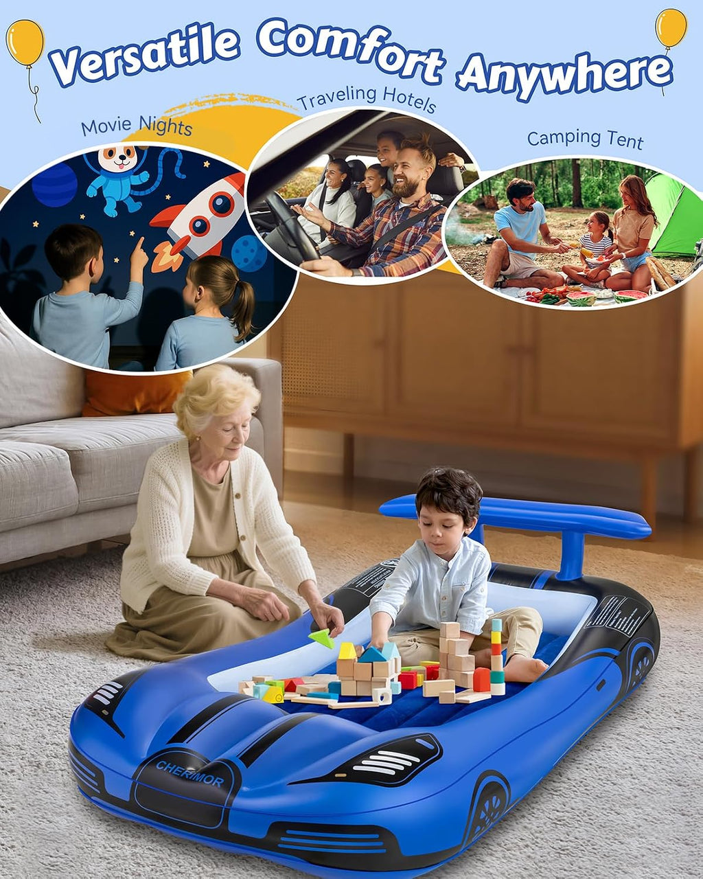 USADO-SOLO INCLUYE EL INFLABLE Y LA BOMBA AUTOMATICA-CHERIMOR Cama de viaje inflable para niños pequeños con bomba automática