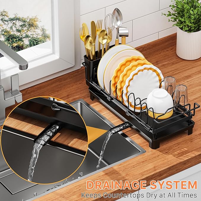 masadi Escurridor de platos pequeño – Escurridor de platos extensible sobre fregaderos con bandeja de secado, escurridor de platos para encimera de cocina con soporte ajustable para cubiertos, ahorro de espacio para cocinas pequeñas, color negro