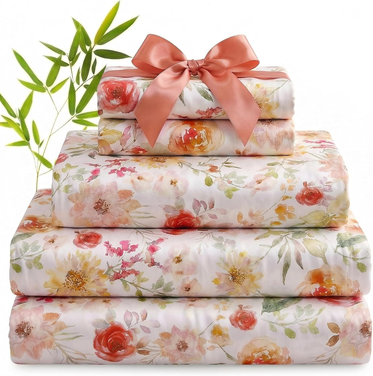 YIYEA Sábanas 100% Viscosa de Bambú | 600 Hilos Refrescantes para Quienes Duermen con Calor | Sedosas y Transpirables | Bolsillo 16 pulgadas |  Twin Floral