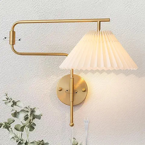 Set de 2 Apliques de Pared Boho Dorado con Brazo Articulado y Pantalla de Tela Plisada Blanca