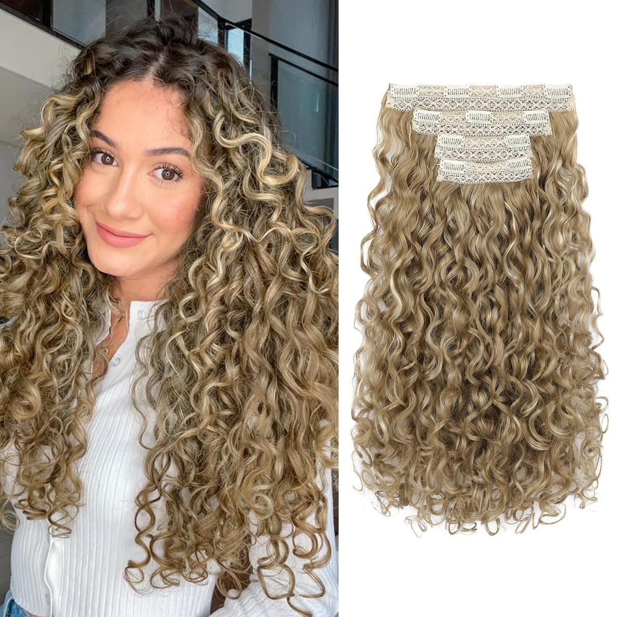 Extensiones de cabello rizado REECHO - 4 piezas de 45 cm (18") con clip, 100% superproteína, con trama de encaje invisible, aspecto natural y sedoso para mujer - Rubio miel con reflejos.