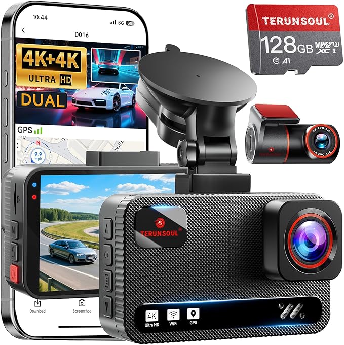 Cámara de Tablero Terunsoul 4K+4K Doble Canal con GPS y WiFi 5.8GHz