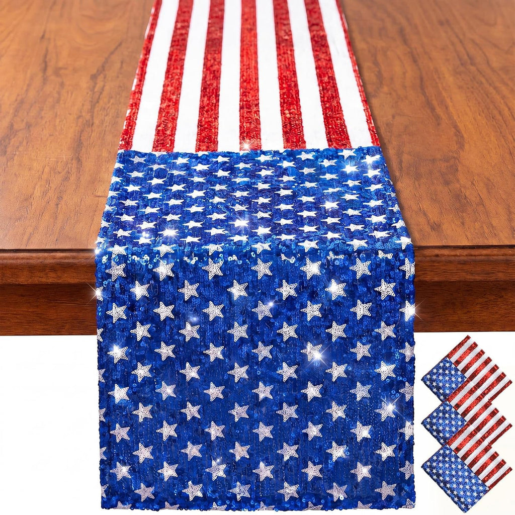 Fanfanwin 3 piezas de caminos de mesa patrióticos con lentejuelas para el 4 de julio, 30 x 183 cm, con estrellas rojas, blancas y azules brillantes, bandera estadounidense, para el Día de los Caídos, 250 aniversario y decoración del comedor del hogar.