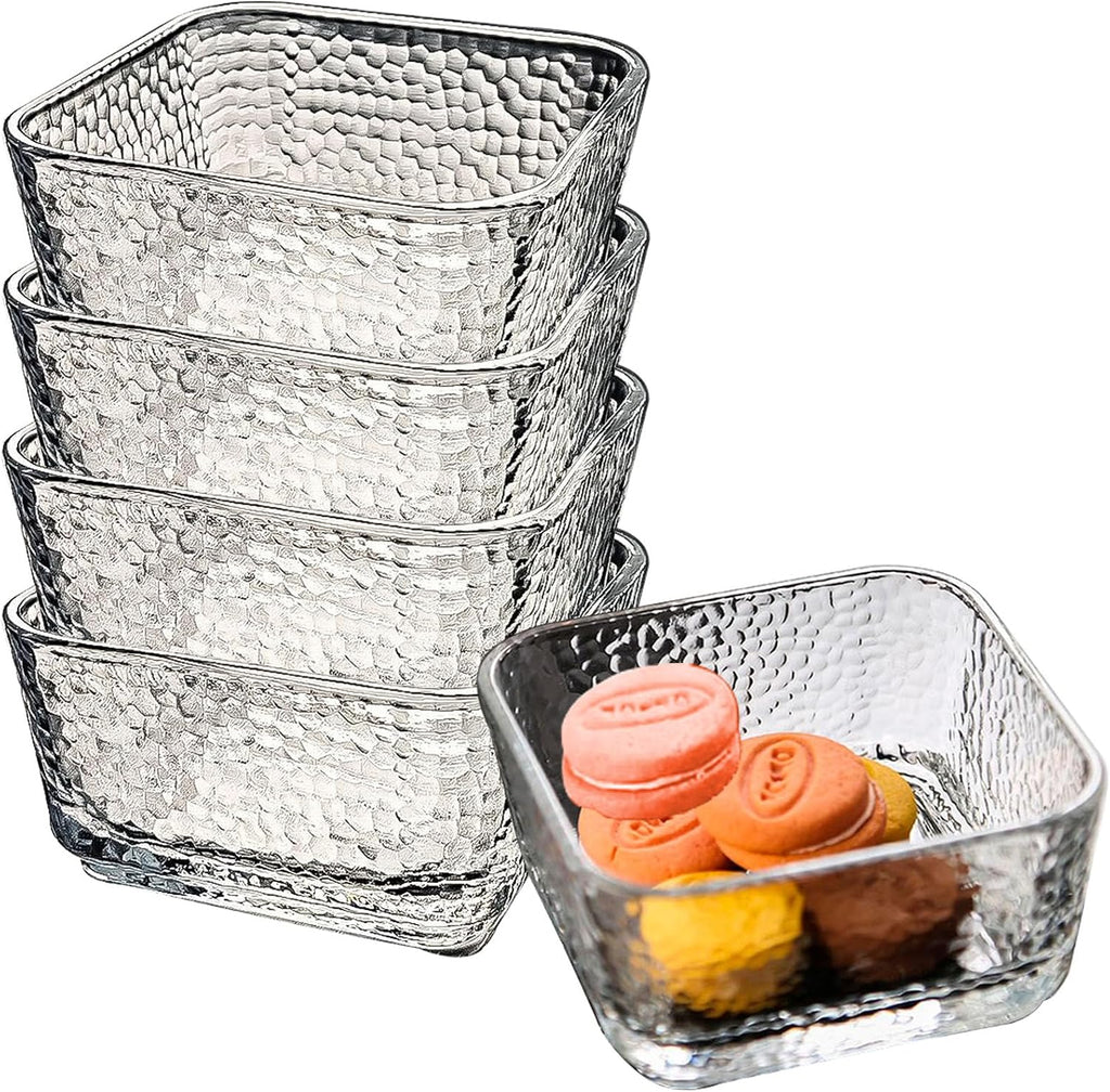 Juego de 4 cuencos Orkim de vidrio transparente martillado de 10 oz para cereales, dulces y aperitivos, cuenco vintage para helado y yogur, plato para postre de frutas con relieve, juego de 4 platos cuadrados de cristal para preparar alimentos en el
