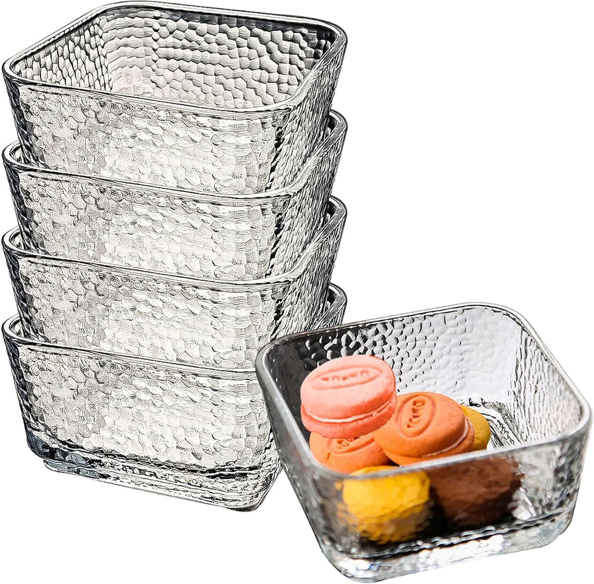 Juego de 4 cuencos Orkim de vidrio transparente martillado de 10 oz para cereales, dulces y aperitivos, cuenco vintage para helado y yogur, plato para postre de frutas con relieve, juego de 4 platos cuadrados de cristal para preparar alimentos en el